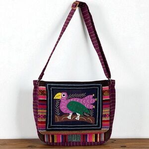 Ginya Boho Artistic Beaded Colorful Jacquard‎ Bird Flap Over Large Handbag
